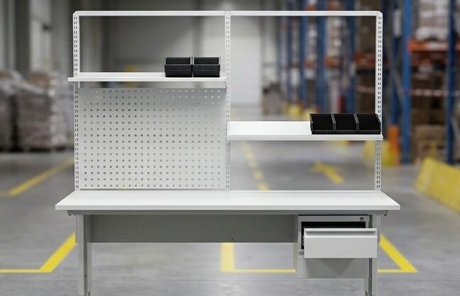 Witte ergonomische werktafel met geperforeerd achterpaneel, verstelbare planken, ladeblok en zwarte sorteerbakjes, geplaatst op een Ergomat stamat met hexagonaal noppenpatroon in een magazijnomgeving