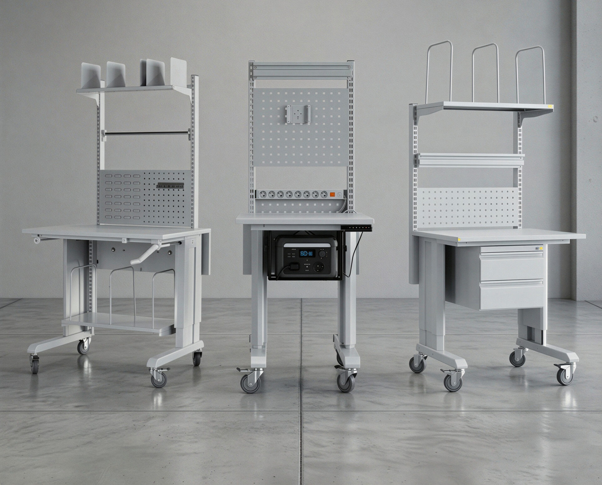 Drie grijze mobiele werktrolleys op wielen met geperforeerde panelen, verstelbare planken en verschillende opbergopties, gefotografeerd in een neutrale industriële ruimte