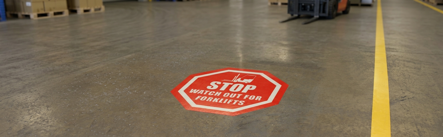 Rode achthoekige vloersticker met vorkheftruckpictogram en de tekst "Stop – Watch out for Forklifts" op een betonnen magazijnvloer, met een gele vloerlijn en vorkheftruck op de achtergrond