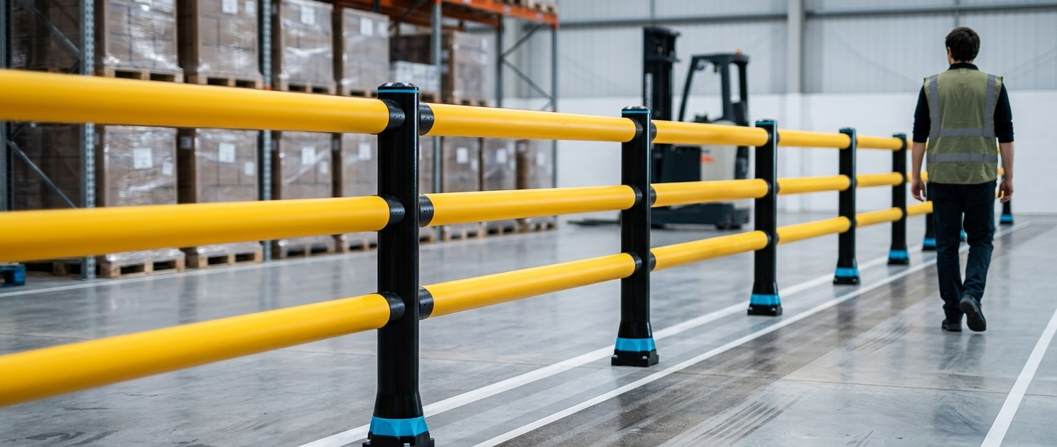 Medewerker in veiligheidshesje die langs een lange gele drievoudige voetgangersbarrière loopt in een magazijn, met een vorkheftruck en palletrekken op de achtergrond