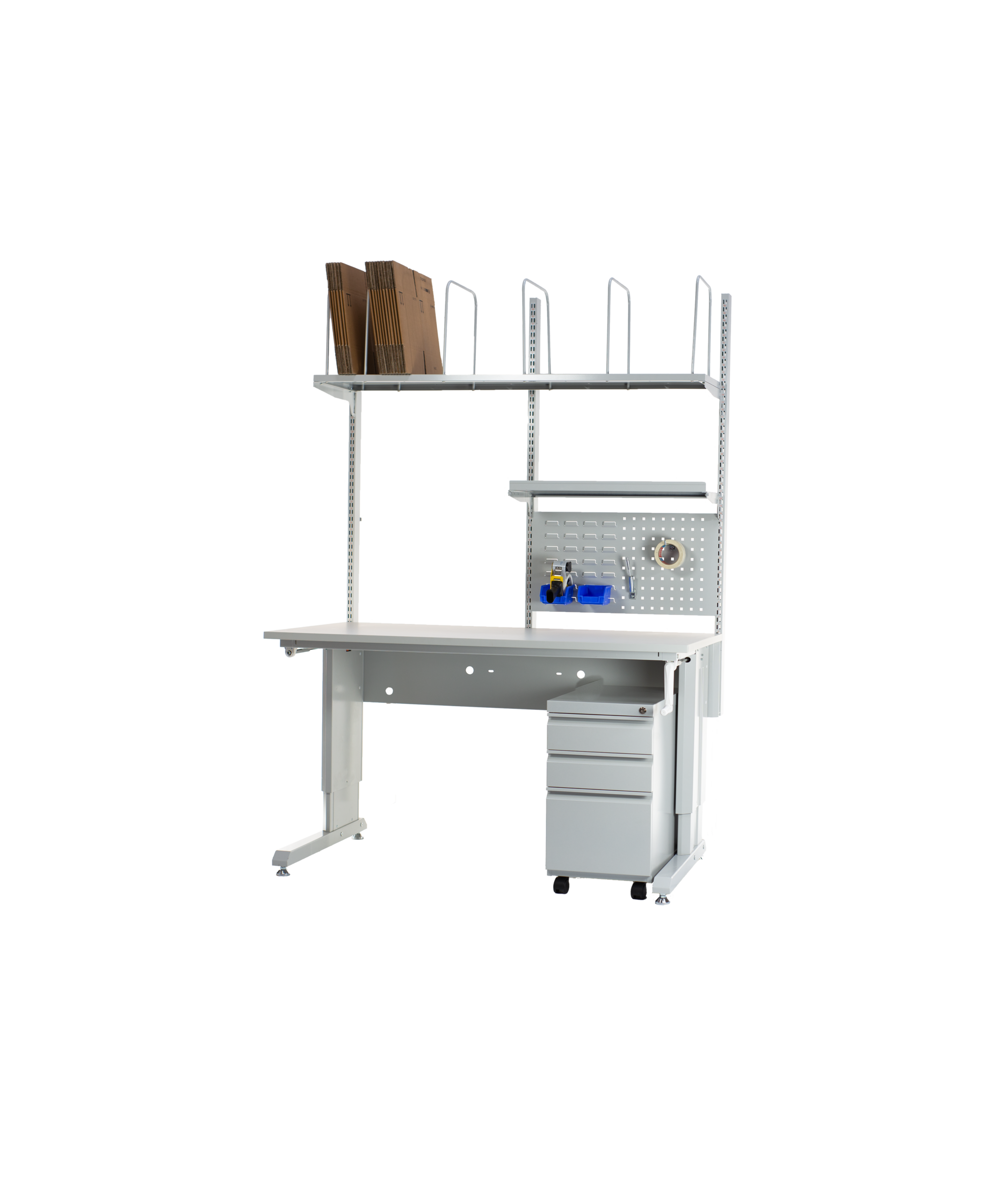 Modulaire ESD-werktafel in lichtgrijs op transparante achtergrond, uitgerust met een bovenliggende opbergplank met documenthouder, een geperforeerd gereedschapspaneel met opsteekhaakjes en blauwe bakjes voor kleine onderdelen, en een verrijdbaar ladeblok met drie laden. De tafel is volledig modulair opgebouwd voor gebruik in elektrostatisch beschermde werkomgevingen.