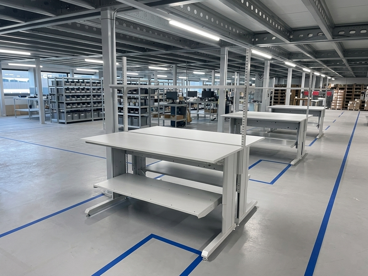 Ruime industriële werkruimte met ergonomische werktafels in wit op een lichtgrijze betonnen vloer met blauwe vloerbelijning. Op de achtergrond zijn grijze rekken zichtbaar voor opslag van materialen - Espace de travail industriel spacieux avec des tables de travail ergonomiques blanches sur un sol en béton gris clair avec un marquage au sol bleu. À l’arrière-plan, des étagères grises sont visibles pour le stockage des matériaux.