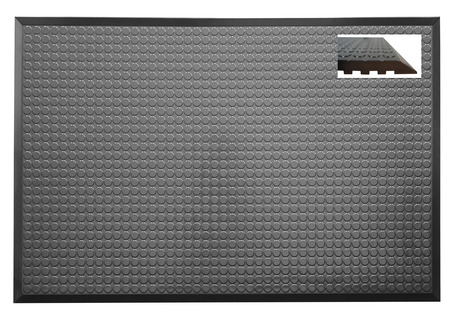 Donkergrijze Ergomat Deluxe ESD mat met noppenpatroon en zwarte afwerkingsrand, detail van de schuinaflopende rand rechtsboven