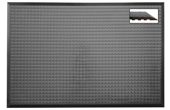 Donkergrijze Ergomat Infinity Smooth ESD mat met glad fijn noppenpatroon en zwarte rand, detail van de schuinaflopende rand rechtsboven
