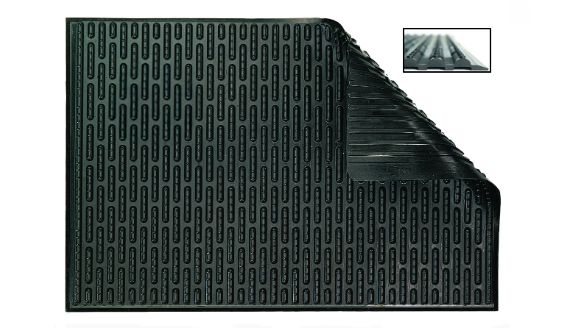 Zwarte Ergomat Softline mat met kenmerkend langwerpig ribbelprofiel over het gehele loopvlak, omgekeerde hoek toont het gestreepte onderprofiel