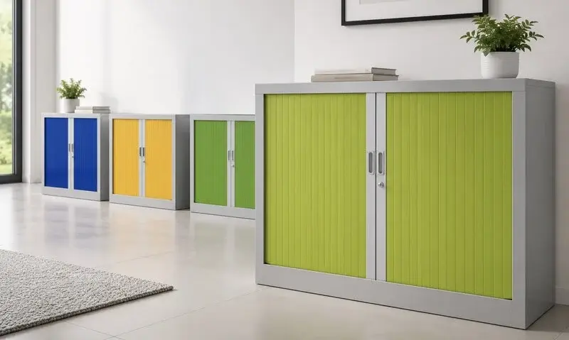 Roldeurkasten in blauw, geel en groen met aluminium frame opgesteld in een lichte ruimte